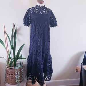 SOLITAIRE BNWT Midi Keyhole Knit Crochet Dress W/Balloon Sleeve - Black M